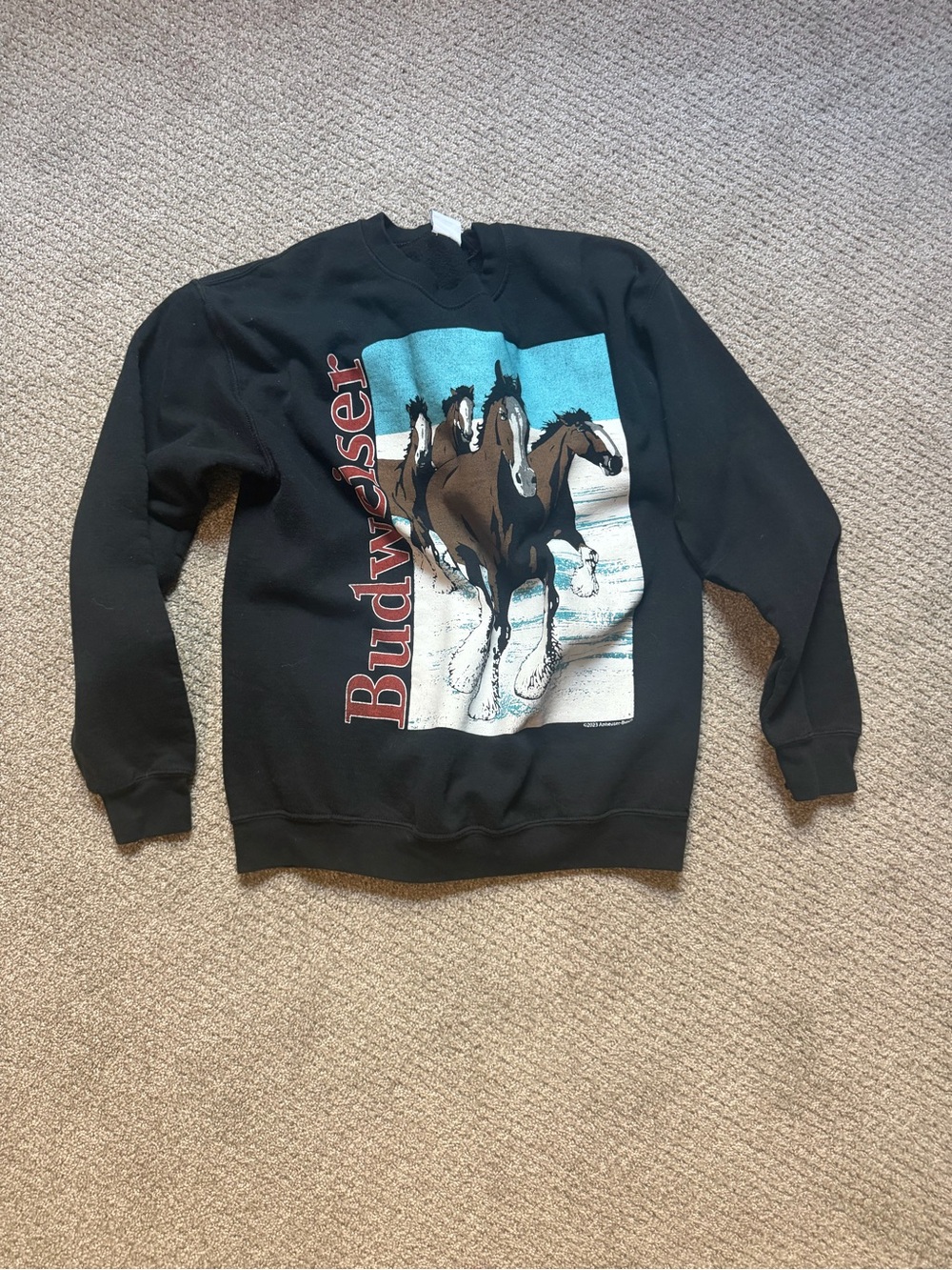 Budweiser Black Crewneck Sweatshirt with Turquoise & Brown Horses Graphic